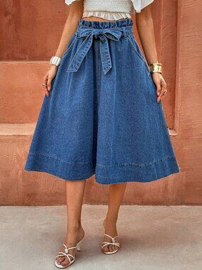 Blue Casual Women's Tie Waist Pocket Denim Skirt